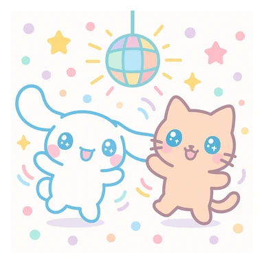 Cinnamoroll and a cat at a dance party, kawaii style, colorful lights, happy dancing, festive mood sticker