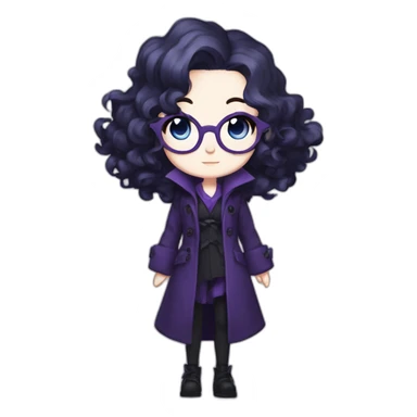 full length anime goth girl in a purple coat, glasses with big blue eyes and white skin and curly black long hair and aristocratic high cheekbones sticker
