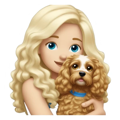 White blond girl with long hair and blue eyes hugging a cavapoo dog sticker