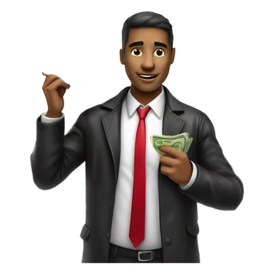a stock market trader, swarthy mixed skin, with red tie, white shirt, black leather jacket and white cap holding bank notes in his hand sticker