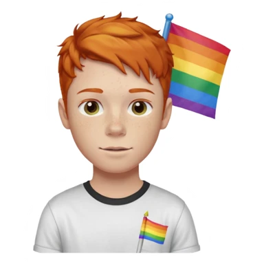 A gay, ginger, young, freckled, boy with a shirt with JUDE on it holding a pride flag sticker