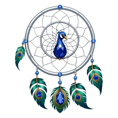 a Silver Dreamcatcher with sapphire-stones and emerald-stones, and with peacock-feathers. Big sapphire gem in the middle. Many tiny emeral gems around it.   sticker