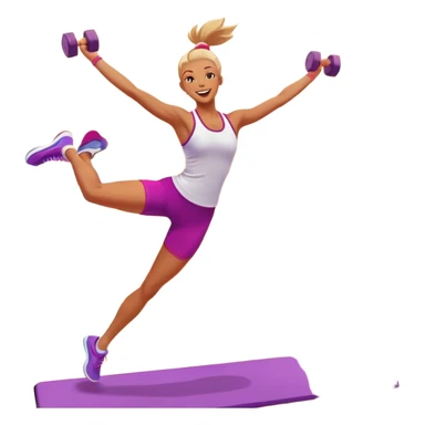 An energetic person performing an aerobics workout in a brightly lit gym, jumping and stretching with enthusiasm. The scene includes vibrant fitness equipment like dumbbells and exercise mats, with a background of cheerful, motivating colors, conveying energy and movement. sticker