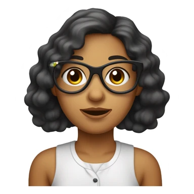 une fille avec des cheveux mi long noir ondulé , des yeux marron , et avec des lunette fine, portant un chemisier blanc.La peau légèrement basané.le visage alongé sticker