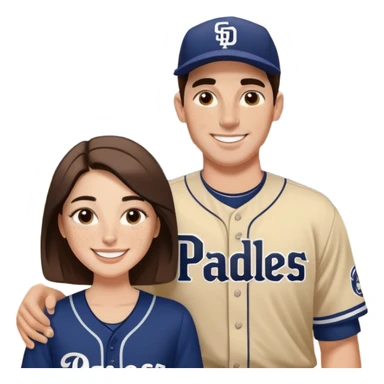 White Smiling couple. Woman has big cheeks and a lot of freckles on the nose. Medium long brown hair. Man has black and very short hair and prominent eyebrows with egipcian nose. Both are wearing “Los Padres” baseball jerseys and with a sign that says “Go Padres” sticker