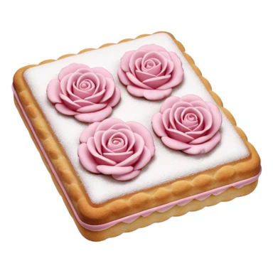 two biscuits roses de Reims, rectangular gently rounded, pastel pink, powdered sugar on top, crisp delicately textured surface, subtle cracks, arranged neatly, clean 3D rendering, soft light, subtle shadow, no packaging, no anthropomorphic features, transparent background, emoji scale sticker