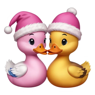 Two duck want to face each other and kissing pink colour want to too pritty and each want to wear crismas cap in oink colour sticker