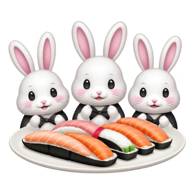 four bunnies together eating sushi at a birthday party, playful, sushi platters, birthday banner, new pose, emoji style sticker
