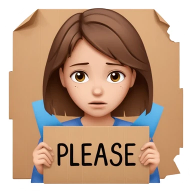 Sad realistic emoji of a young woman with messy hair, holding a cardboard sign that says "PLEASE SUBSCRIBE", emotional begging expression, cinematic lighting, shallow depth of field, soft blurred background, high detail, viral social media style sticker