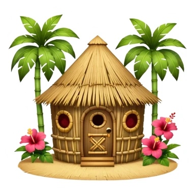 Hawaiian tiki hut house, round tropical hut, bamboo details, thatched roof, tiki masks decoration, hibiscus flowers, cute mobile game icon, 3D cartoon, clean background, no text sticker