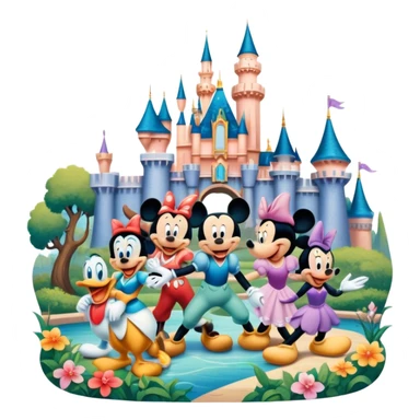 A vibrant collage featuring iconic characters like one Goofy, one Mickey Mouse, one Ariel, one Jasmine and one Franco. Each character should be large and bright, set against a cheerful and playful background with Disneyland. Transparent background. sticker