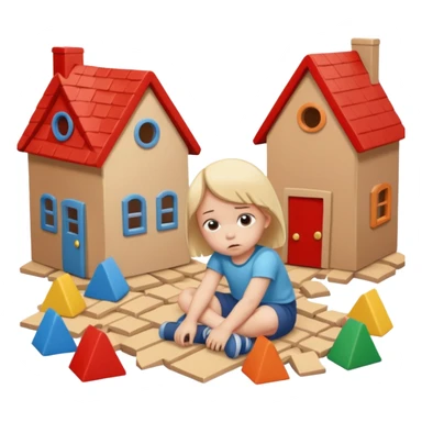 apple style emoji of a sad small child next to toppled toy houses sticker