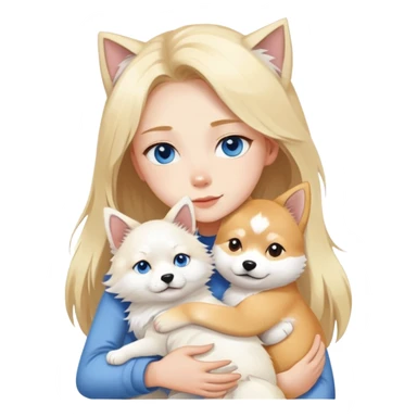 blonde girl blue eyes hugging a white Maine Coon and shiba sticker