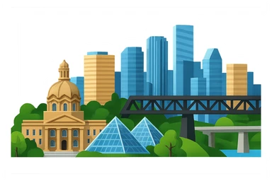 Remove any text or the name 'Edmonton' from the emoji image while keeping everything else exactly the same: the skyline with the Alberta Legislature Building, Muttart Conservatory, High Level Bridge, lifelike detail, accurate colors, bright lighting, wide city view. Maintain a fully transparent background. Preserve all other details and elements unchanged. sticker