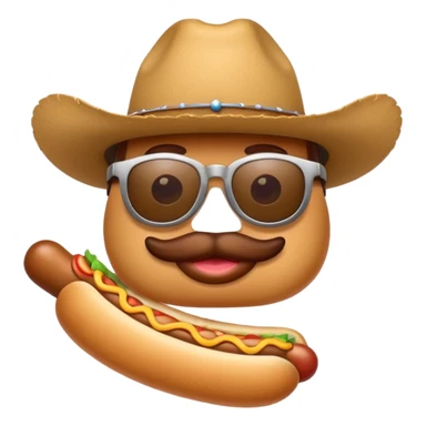 A hotdog with sunglasses and a cowboy hat sticker
