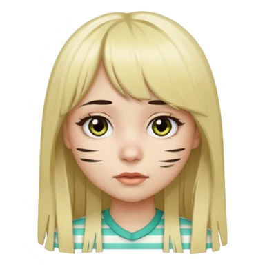 Girl with long straight dark brown hair and blonde striped streaks, with bangs. Light skin and dark eyes. Turn her into a cute zombie version — pale greenish skin, dark eyes, small wounds under eyes, keep her hair and mechas the same, emoji-style. sticker