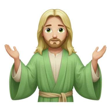 Jesus, green eyes, long blonde hair, light green wide, flowing outer robe. opening arms, gazing thoughtfully. Soft light, subtle fern. Waist-up, profile. sticker