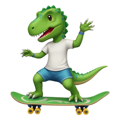 Dinosaur skateboarding at the skate park wearing a t-shirt and doing six seven and dancing sticker