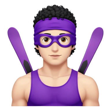 shirtless athletic man with white skin and black curly hair, wearing a purple ski mask sticker