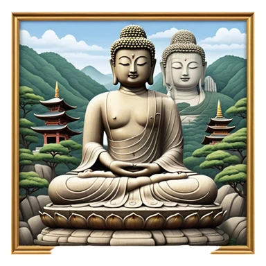 Cinematic Realistic image of the Big Buddha Monument of Sinheungsa Temple, portrayed as a towering, serene Buddha statue carved from weathered stone with intricate details and a gentle meditative expression, set within an ancient temple landscape enveloped in soft, ethereal lighting that underscores its spiritual majesty. sticker