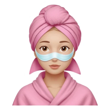 Clean girl influencer character, chest-up portrait, wearing a pink towel wrapped around the head, facial skincare mask on face, relaxed confident expression, soft glow skin, minimal chic aesthetic, subtle beauty accessories, calm self-care vibe sticker