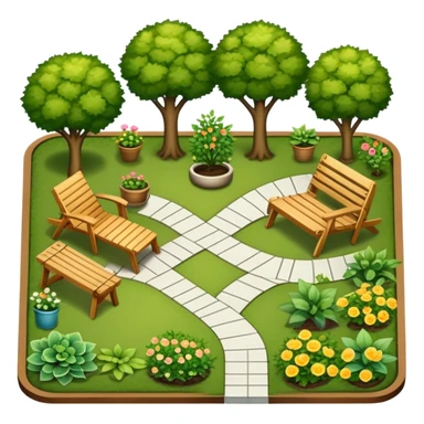 Icon for Landscape Design: a garden layout with trees, plants, pathways, and outdoor furniture, along with design tools like a ruler, pencil and sketchpad. The icon should represent the creativity and planning behind landscape design. Transparent background. sticker