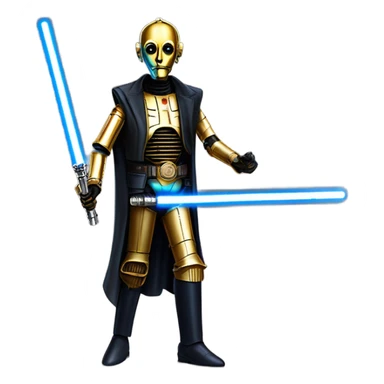 tough well-equipped jedi first order life-sized darkblue-pearl C3po as a friendly bounty hunter droid wearing a leather attire old west duster coat holding light saber ready  sticker