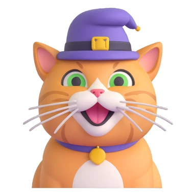 A cat wearing a hat with a very funny face sticker