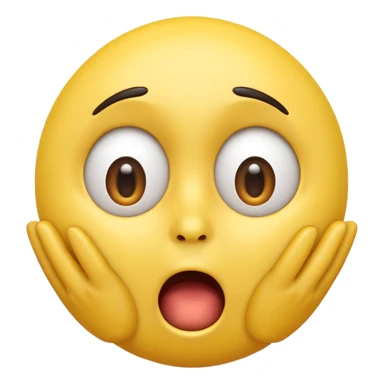 A 3D glossy yellow emoji of a shocked horrified face, with mouth and eyes are wide open, eyebrows  raised, and hands against their cheeks, face without nose, black background, high quality, soft studio lighting sticker