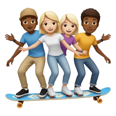 Four people (two black guys, one white guy, one white girl) on one long skateboard sticker