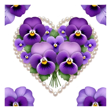 An exquisite heart-shaped bouquet composed of deep lilac flowers and ice violet pansies, harmoniously blended with amethyst and pastel purple tones, is delicately placed on smooth pearl satin fabric, its beauty further enhanced by the subtle sparkle of tiny silver adornments. sticker