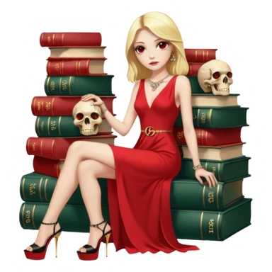 Lilith symbol red eye seductress evil shoulder length blonde haired powerful woman with Gucci  long dress with slit, sitting on of gold and diamonds. Black Platform high heels on feet. seat full of stacks,  dead human skull of her enemies in her other hand sticker