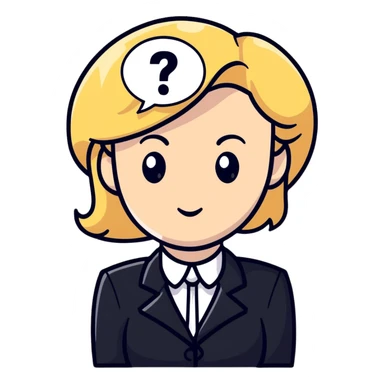 blonde haired white woman in a black formal suit with a white speech bubble containing a black question mark next to her head sticker