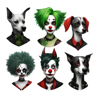 Punk Green gray black red punk dog joker Harley Quinn mime clown harlequin facepaint tattoos punk lurcher surrealism  sticker