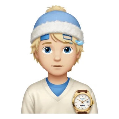 Create a look for a blond boy with long, tousled hair, light eyes, a white sweater, a wealthy appearance, blue eyes, and accessories like a Rolex or Cartier watch, and a cute face with messy hair down. blue eyes + + pajama white fluffy + cap fluffy sticker