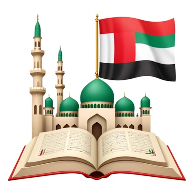 An icon featuring the mosque and the big flag of United Arab Emirates, symbolizing the Arabic language. The design includes an open book with Arabic script and calligraphy, representing language learning and cultural heritage. Transparent background sticker