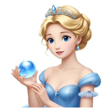 Cinematic Stunning Cinderella Portrait Emoji, Radiant in her sparkling blue ball gown, golden hair in a perfect updo, soft blue eyes full of wonder, glistening tiara, glowing with an ethereal beauty, regal yet kind, a dreamlike aura surrounds her, capturing the essence of a fairy tale princess, elegant and breathtaking! sticker