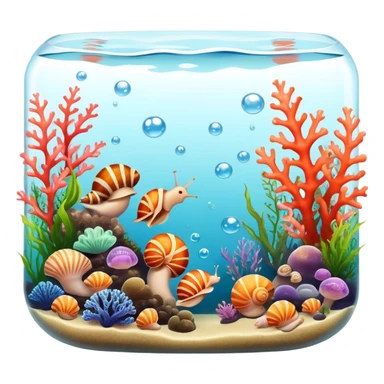 A colorful aquarium with shells, snails, and other mollusks. The water is clear and full of life, with bubbles rising and soft coral on the bottom. The background includes gentle aquatic plants swaying in the current. Transparent background. sticker