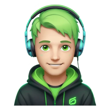 friendly streamer avatar, smiling man, stylized illustration, neon green eyes with soft warm highlights, hoodie and headset with neon accents, subtle cyberpunk vibe, dark background, clean lines, cozy and friendly mood sticker