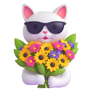 cat wearing sunglasses holding a bouquet of flowers sticker