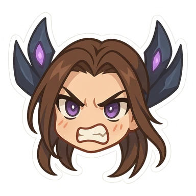 Kaisa from League of Legends, angry emote, chibi style, only head, more exaggerated anger sticker