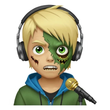 boy zombie whit blonde emo hair and eyes blue and GREEN SKIN and heandphones AND A MICROFONE AND GOLD TEETH and agesive face and the hoodie black sticker