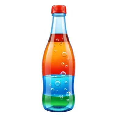 plastic soda bottle, transparent or tinted, filled with cola or orange soda, curved shape, narrow neck, plastic cap (red, blue, or green), bubbles inside, fizzy look, 3D clean style, no branding sticker