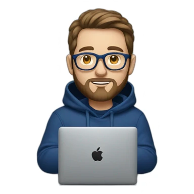Brown hair white man with a beard and round glasses typing on apple computer wearing a dark blue nike hoodie sticker