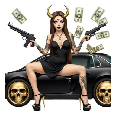 Sensual woman long brown straight haired sexy drug lord woman with tattoos on arm sleeves and black thick butt platform high heels on her feet, and devil black horns on her head, she is holding a skull head and a gun. Sitting on gold car full of cash , long black dress with sexy slit sticker