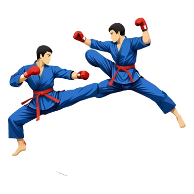 An emblem-style design featuring crossed martial arts weapons like a fist and foot, symbolizing striking combat sports. The background includes a silhouette of a fighter in an action pose, with dynamic lines and bold colors, showcasing speed and power. Transparent background. sticker