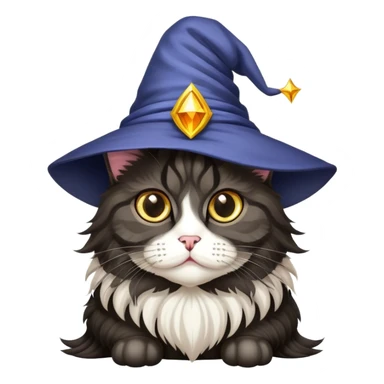 a black chubby maine coon cat with big eyes and a wizzard hat sticker