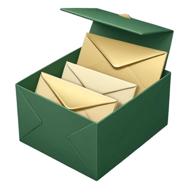 3D minimal open box with multiple envelopes floating out of it, matte finish, deep green (#0B3D2C) box, cream white (#F5F5DC) envelopes, subtle gold (#C9B037) accents, Apple style, ultra sleek, soft shadow, transparent background sticker