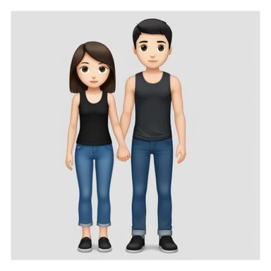 A girl with long brown hair holding the hand of a boy with short black hair, she wearing a black tank top with flared blue jeans, he wearing a black t-shirt with grey jeans, couple in love sticker