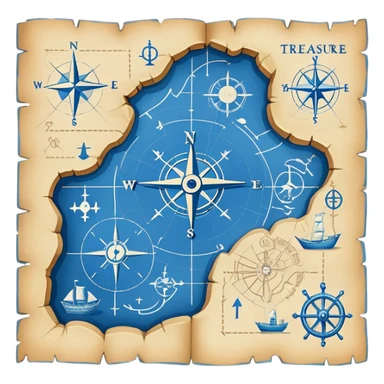 blue blueprint plan with white treasure map symbols and a path sticker